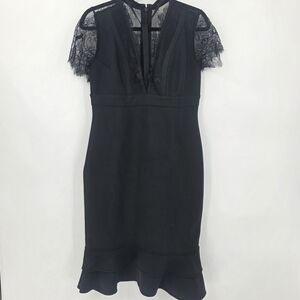 VENUS Women's Large MAFA Ruffle Hem Sexy Plunge Neckline Black Lace Midi Dress